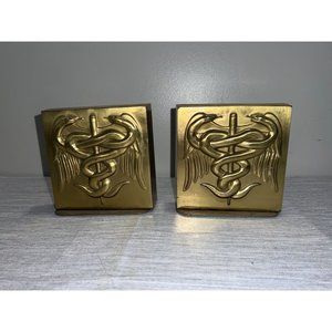 Vintage PM Craftsman Brass Bookends Medical Doctor MD Physician Serpents Caduceu